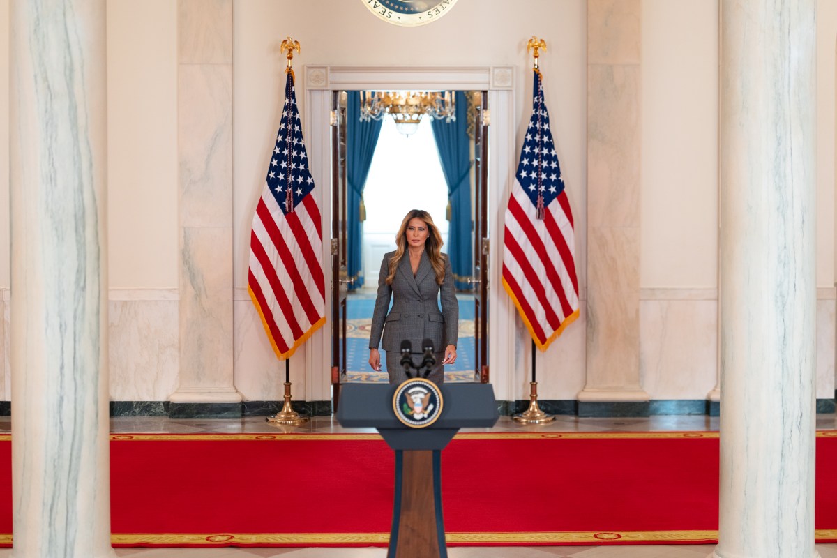 First Lady Melania Trump makes an announcement in the Grand Foyer of the White House, Thursday, April 9, 2026. (Official White House Photo by Cody Hendrix)