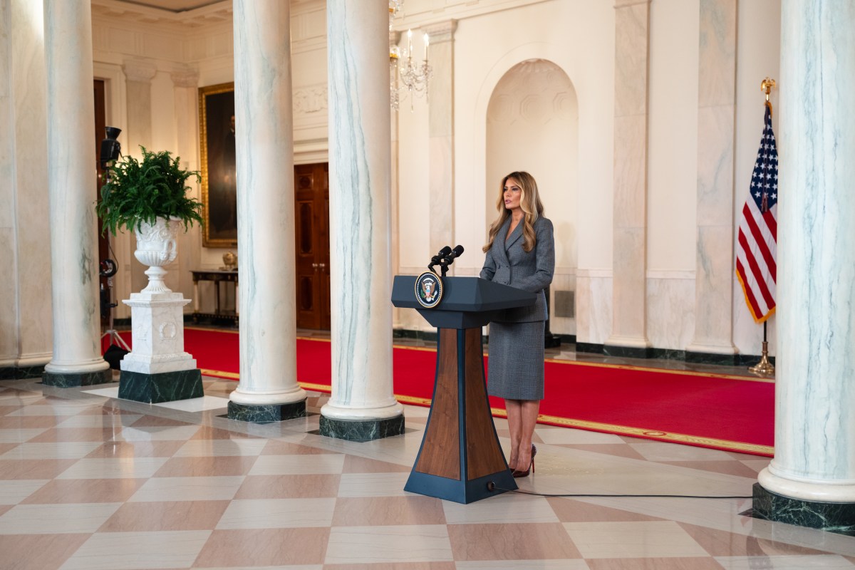 First Lady Melania Trump makes an announcement in the Grand Foyer of the White House, Thursday, April 9, 2026. (Official White House Photo by Cody Hendrix)