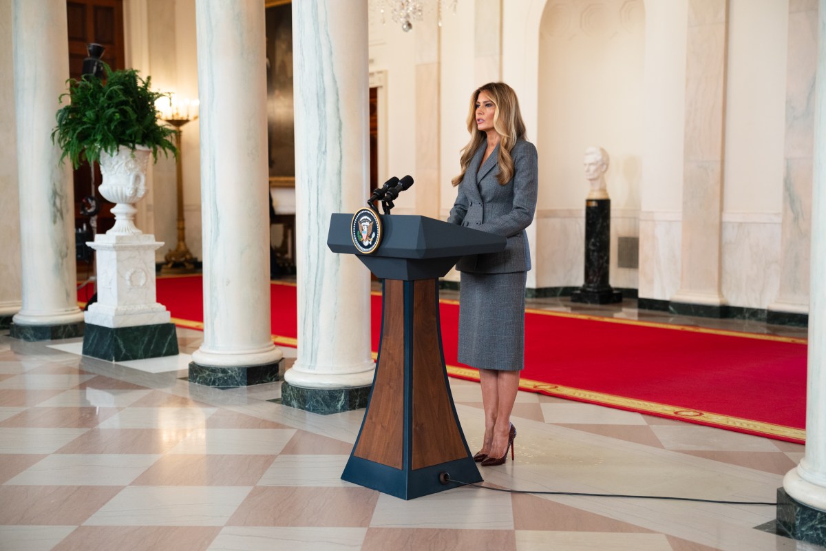First Lady Melania Trump makes an announcement in the Grand Foyer of the White House, Thursday, April 9, 2026. (Official White House Photo by Cody Hendrix)