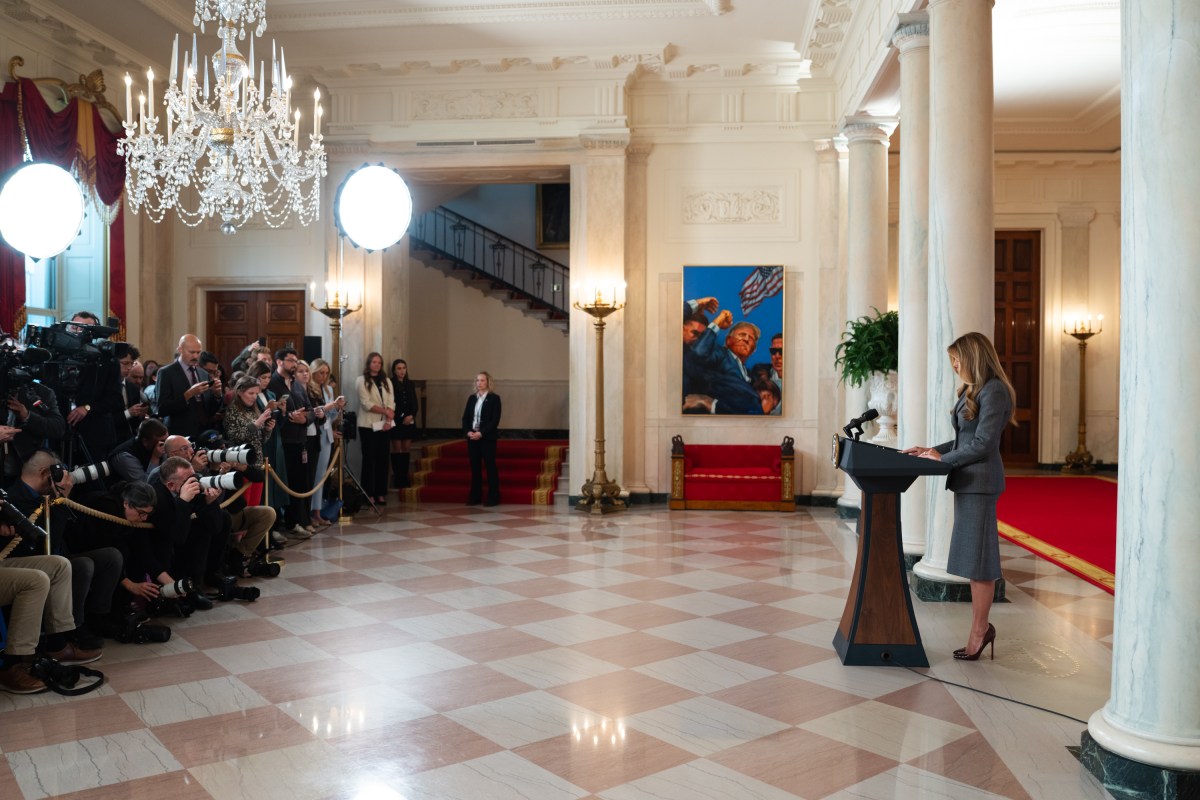 First Lady Melania Trump makes an announcement in the Grand Foyer of the White House, Thursday, April 9, 2026. (Official White House Photo by Cody Hendrix)