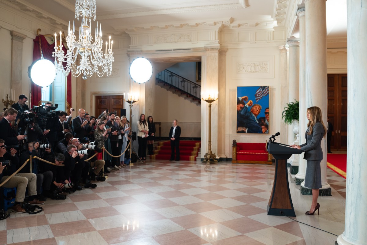 First Lady Melania Trump makes an announcement in the Grand Foyer of the White House, Thursday, April 9, 2026. (Official White House Photo by Cody Hendrix)