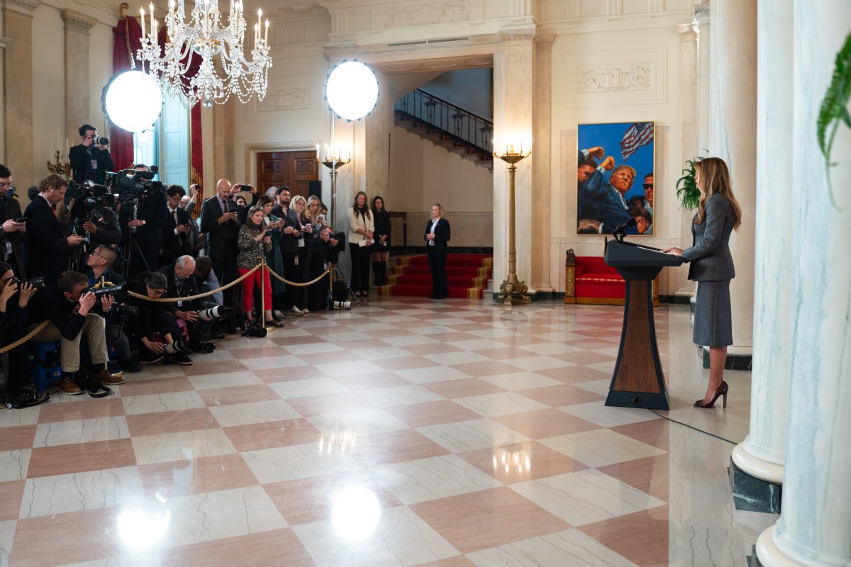 First Lady Melania Trump makes an announcement in the Grand Foyer of the White House, Thursday, April 9, 2026. (Official White House Photo by Cody Hendrix)