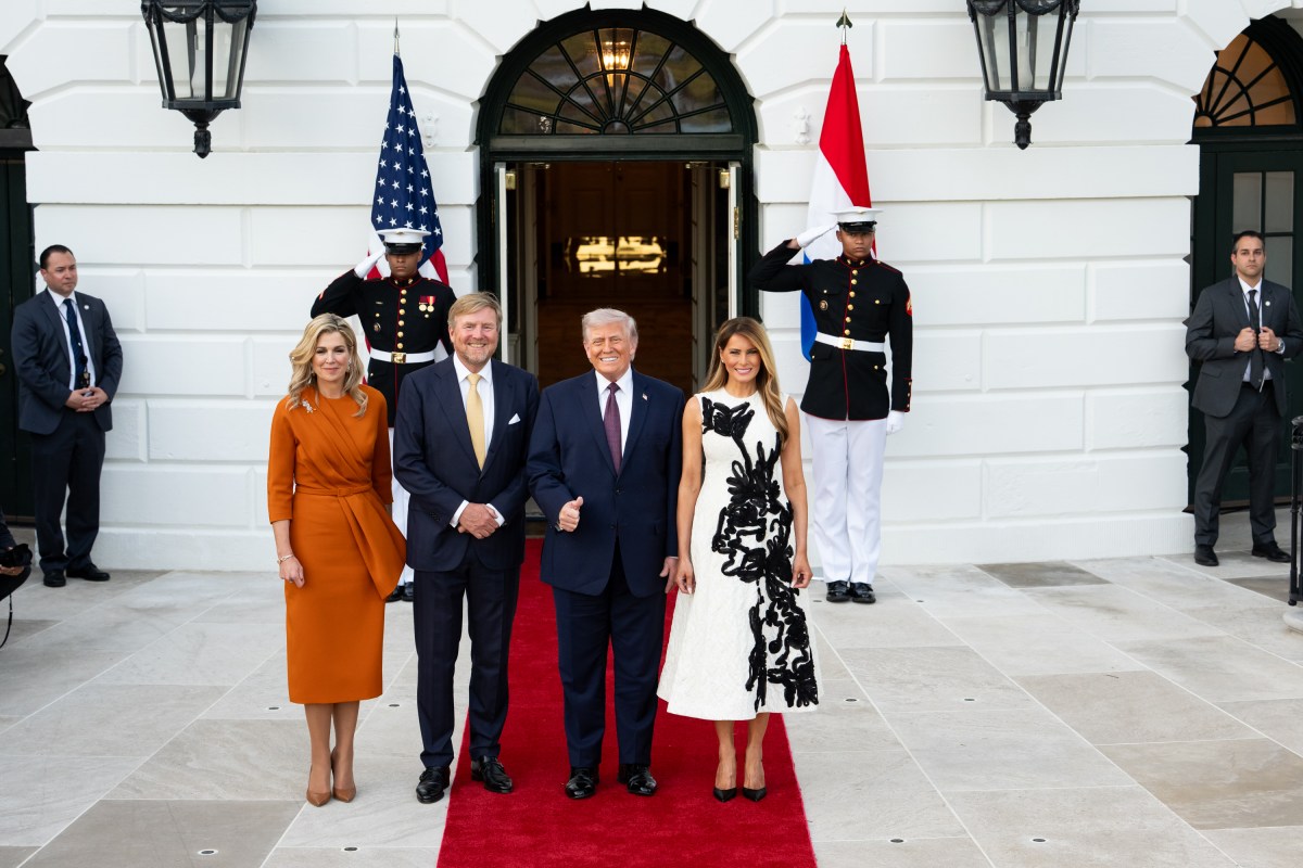 President Donald J. Trump and First Lady Melania Trump greet King Willem-Alexander and Queen Maxima of the Netherlands, and Prime Minister Rob Jetten of the Netherlands, Monday, April 13, 2026, in the Diplomatic Reception Room of the White House. (Official White House Photo by Andrea Hanks)