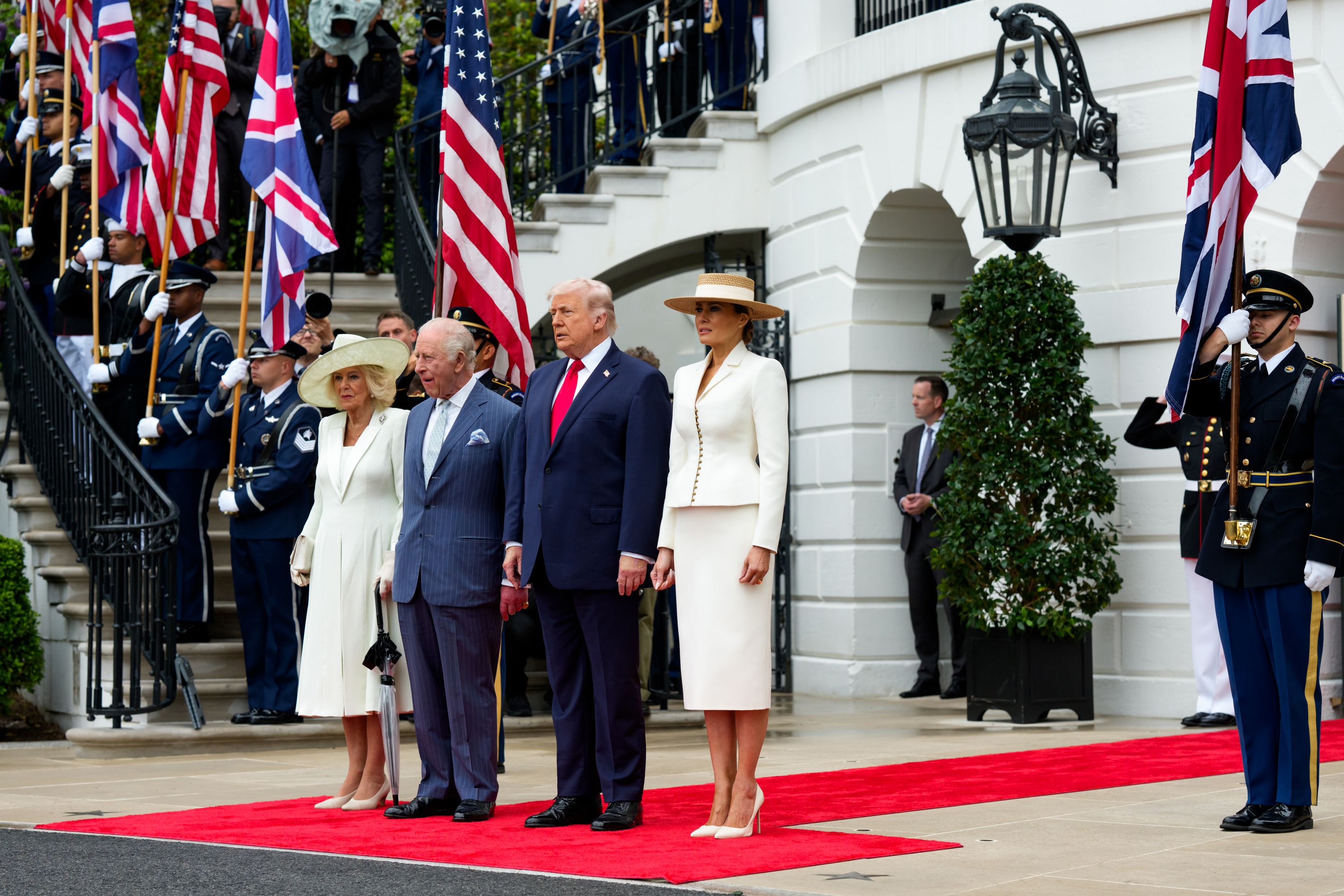 President Donald J. Trump and First Lady Melania Trump greet King Charles III and Queen Camilla of the United Kingdom at the South Portico during a State Arrival ceremony, Tuesday, April 28, 2026. (Official White House Photo by Andrea Hanks)