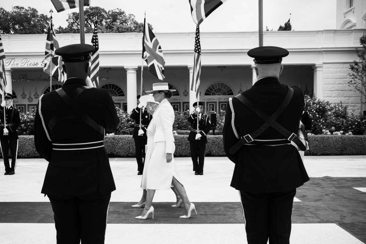 President Donald J. Trump and First Lady Melania Trump greet King Charles III and Queen Camilla of the United Kingdom at the South Portico during a State Arrival ceremony, Tuesday, April 28, 2026. (Official White House Photo by Andrea Hanks)