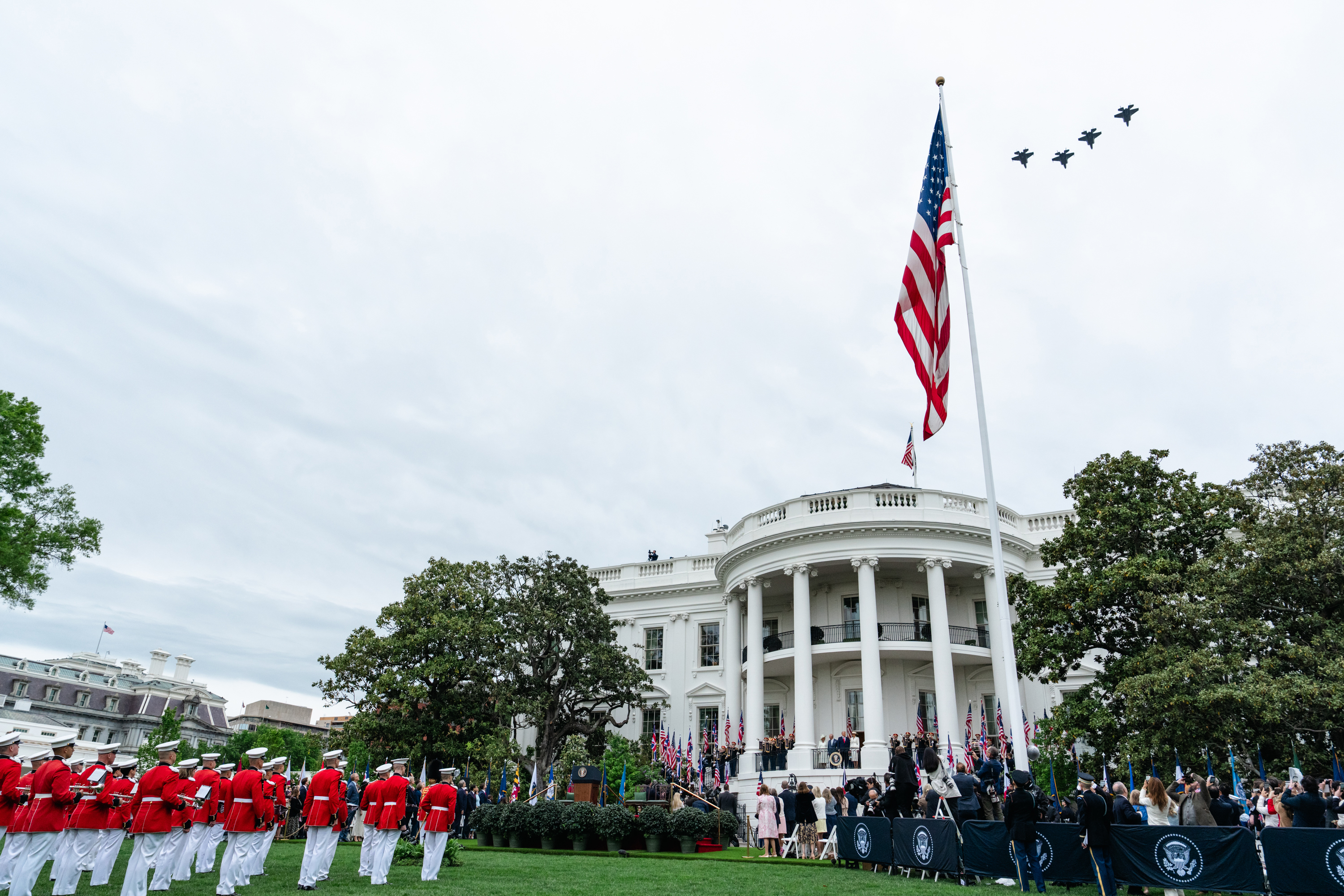 A military flyover takes place during the State Arrival ceremony for King Charles III and Queen Camilla of the United Kingdom, Tuesday, April 28, 2026, at the White House. (Official White House Photo by Cody Hendrix)