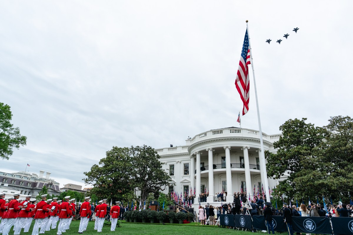 A military flyover takes place during the State Arrival ceremony for King Charles III and Queen Camilla of the United Kingdom, Tuesday, April 28, 2026, at the White House. (Official White House Photo by Cody Hendrix)