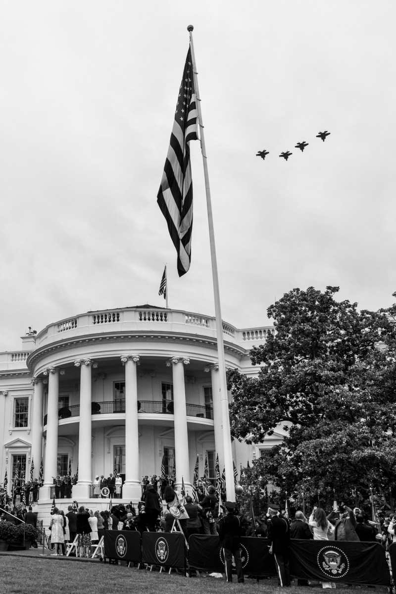 A military flyover takes place during the State Arrival ceremony for King Charles III and Queen Camilla of the United Kingdom, Tuesday, April 28, 2026, at the White House. (Official White House Photo by Cody Hendrix)