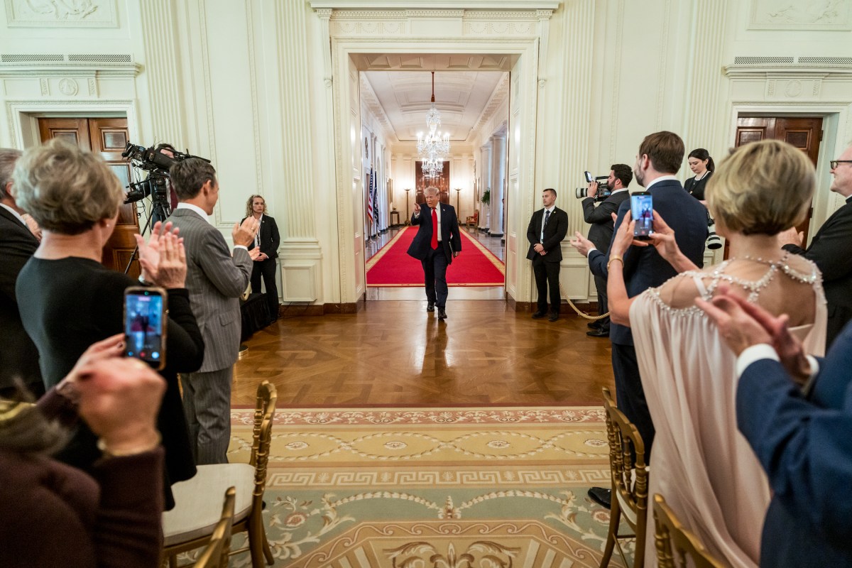 President Donald J. Trump arrives to the East Room of the White House to attend a Faith Office Easter lunch, Wednesday, April 1, 2026. (Official White House Photo by Abe McNatt)