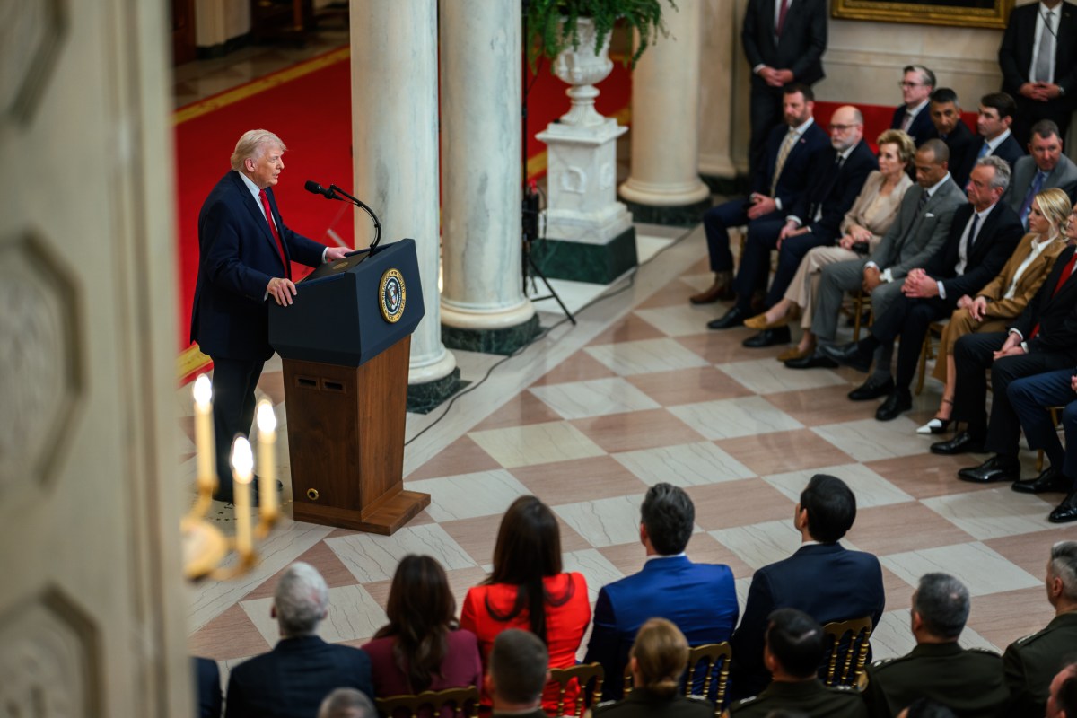 President Donald Trump delivers an address to the nation, Wednesday, April 1, 2026, in the Cross Hall of the White House. (Official White House Photo by Daniel Torok)