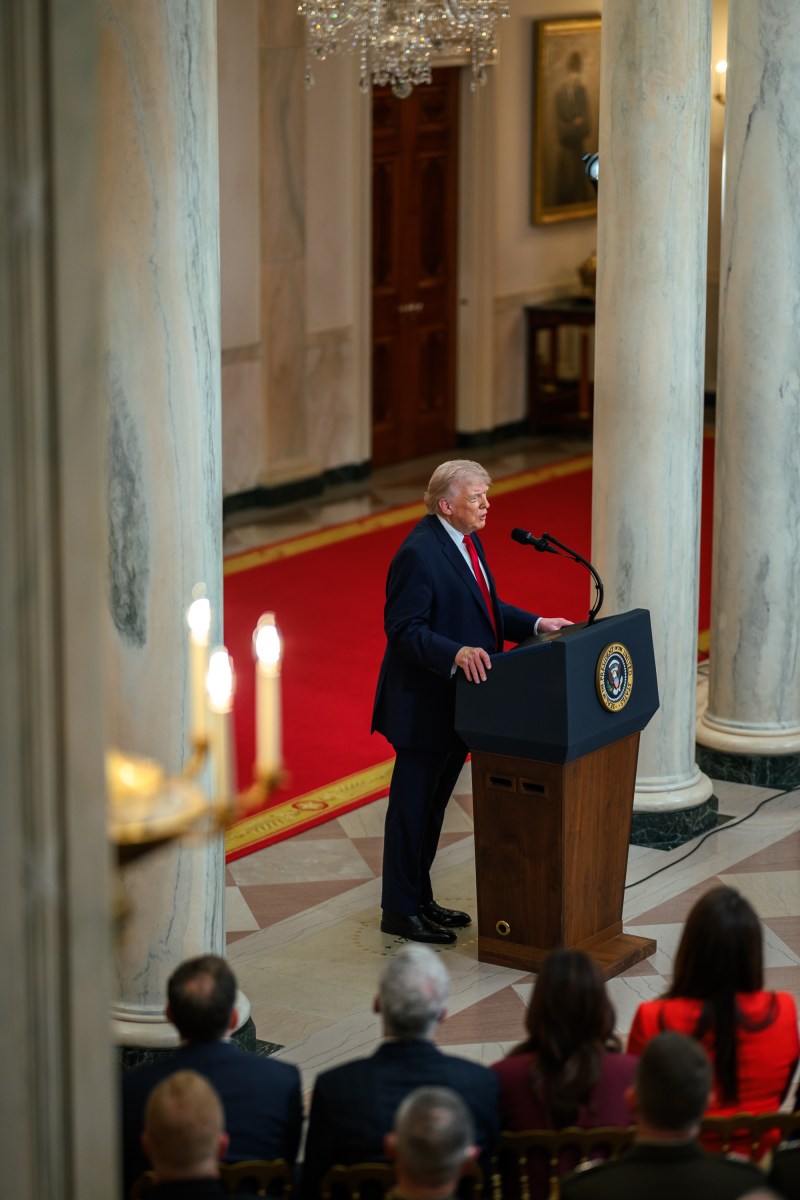 President Donald Trump delivers an address to the nation, Wednesday, April 1, 2026, in the Cross Hall of the White House. (Official White House Photo by Daniel Torok)