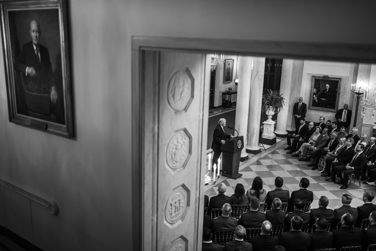 President Donald Trump delivers an address to the nation, Wednesday, April 1, 2026, in the Cross Hall of the White House. (Official White House Photo by Daniel Torok)