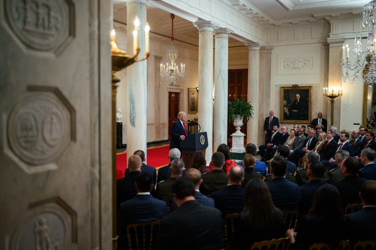 President Donald Trump delivers an address to the nation, Wednesday, April 1, 2026, in the Cross Hall of the White House. (Official White House Photo by Daniel Torok)