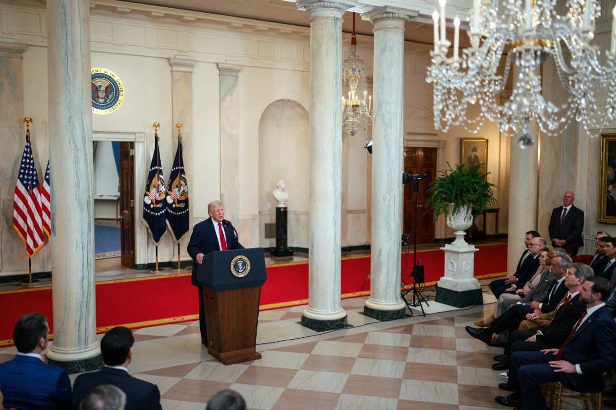President Donald Trump delivers an address to the nation, Wednesday, April 1, 2026, in the Cross Hall of the White House. (Official White House Photo by Daniel Torok)