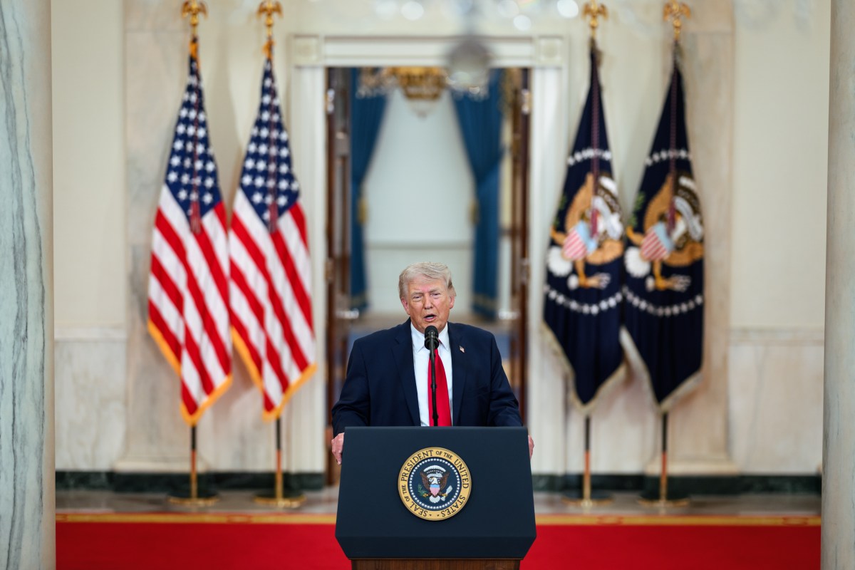 President Donald Trump delivers an address to the nation, Wednesday, April 1, 2026, in the Cross Hall of the White House. (Official White House Photo by Daniel Torok)