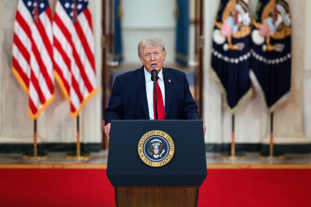 President Donald Trump delivers an address to the nation, Wednesday, April 1, 2026, in the Cross Hall of the White House. (Official White House Photo by Daniel Torok)