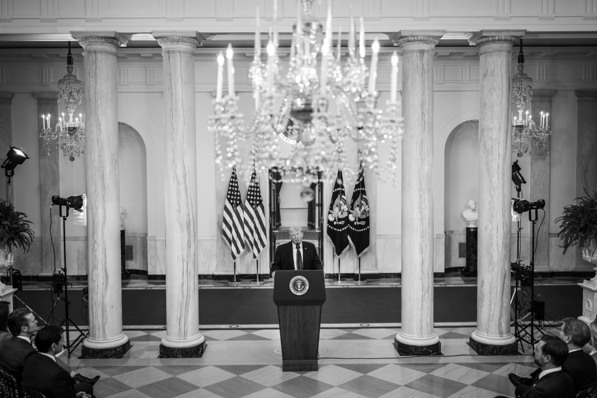 President Donald Trump delivers an address to the nation, Wednesday, April 1, 2026, in the Cross Hall of the White House. (Official White House Photo by Daniel Torok)
