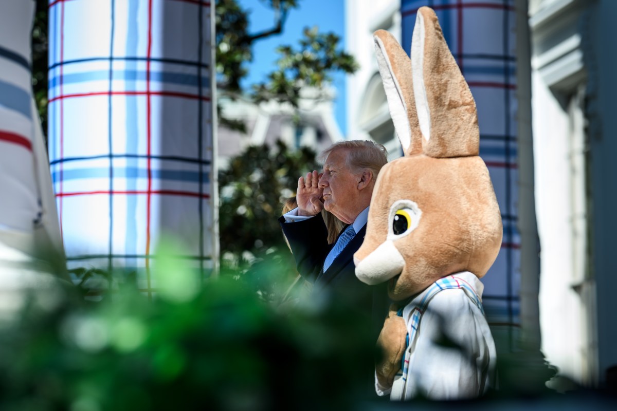 President Donald J. Trump and First Lady Melania Trump are accompanied by the Easter Bunny as they wave to the crowd from the Blue Room Balcony, Monday, April 6, 2026, during the annual White House Easter Egg Roll on the South Lawn. (Official White House Photo by Daniel Torok)