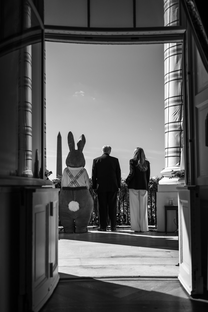 President Donald J. Trump and First Lady Melania Trump are accompanied by the Easter Bunny as they wave to the crowd from the Blue Room Balcony, Monday, April 6, 2026, during the annual White House Easter Egg Roll on the South Lawn. (Official White House Photo by Daniel Torok)