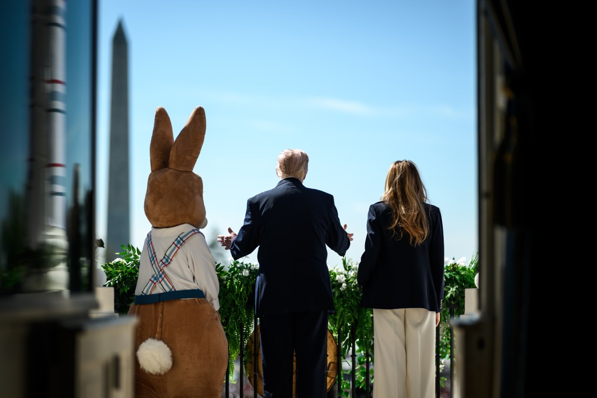 President Donald J. Trump and First Lady Melania Trump are accompanied by the Easter Bunny as they wave to the crowd from the Blue Room Balcony, Monday, April 6, 2026, during the annual White House Easter Egg Roll on the South Lawn. (Official White House Photo by Daniel Torok)