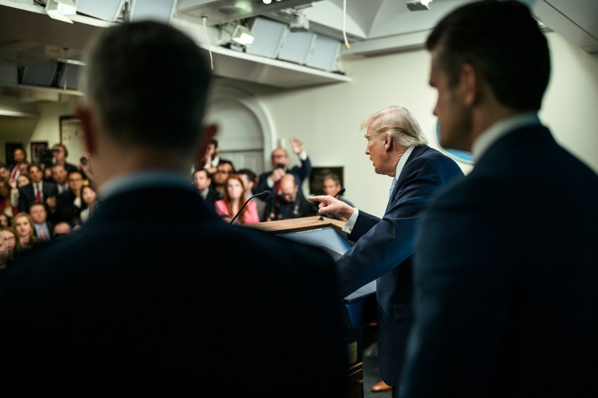 President Donald J. Trump updates members of the media on the rescue of missing U.S. airmen in Iran, Monday, April 6, 2026, at the James S. Brady Press Briefing Room of the White House. (Official White House Photo by Molly Riley)