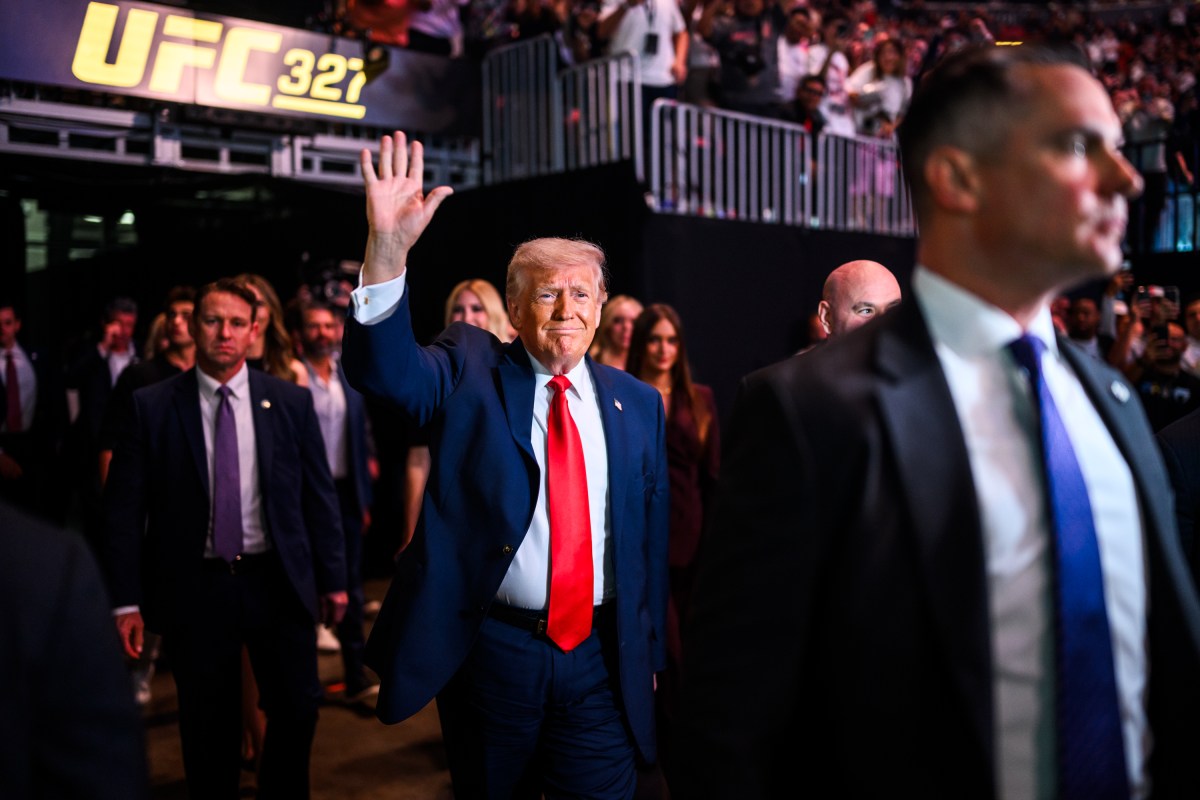President Donald J. Trump speaks with UFC CEO Dana White backstage at the Kaseya Center in Miami, Florida, before UFC 327, Saturday, April 11, 2026. (Official White House Photo by Daniel Torok)