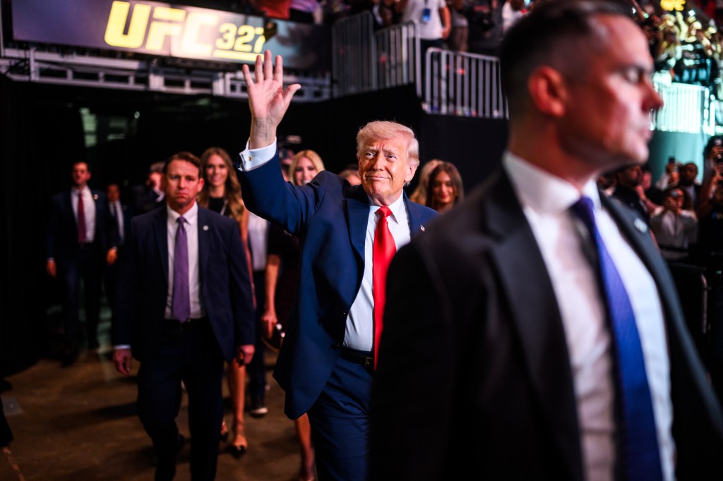 President Donald J. Trump speaks with UFC CEO Dana White backstage at the Kaseya Center in Miami, Florida, before UFC 327, Saturday, April 11, 2026. (Official White House Photo by Daniel Torok)