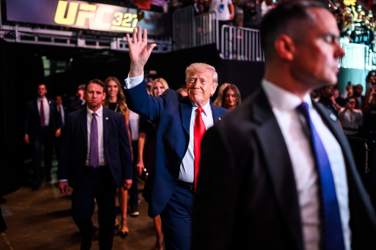 President Donald J. Trump speaks with UFC CEO Dana White backstage at the Kaseya Center in Miami, Florida, before UFC 327, Saturday, April 11, 2026. (Official White House Photo by Daniel Torok)