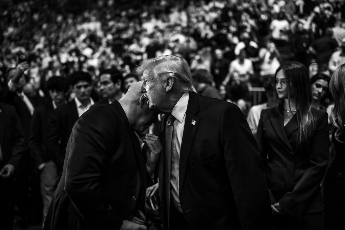 President Donald J. Trump speaks with UFC CEO Dana White backstage at the Kaseya Center in Miami, Florida, before UFC 327, Saturday, April 11, 2026. (Official White House Photo by Daniel Torok)