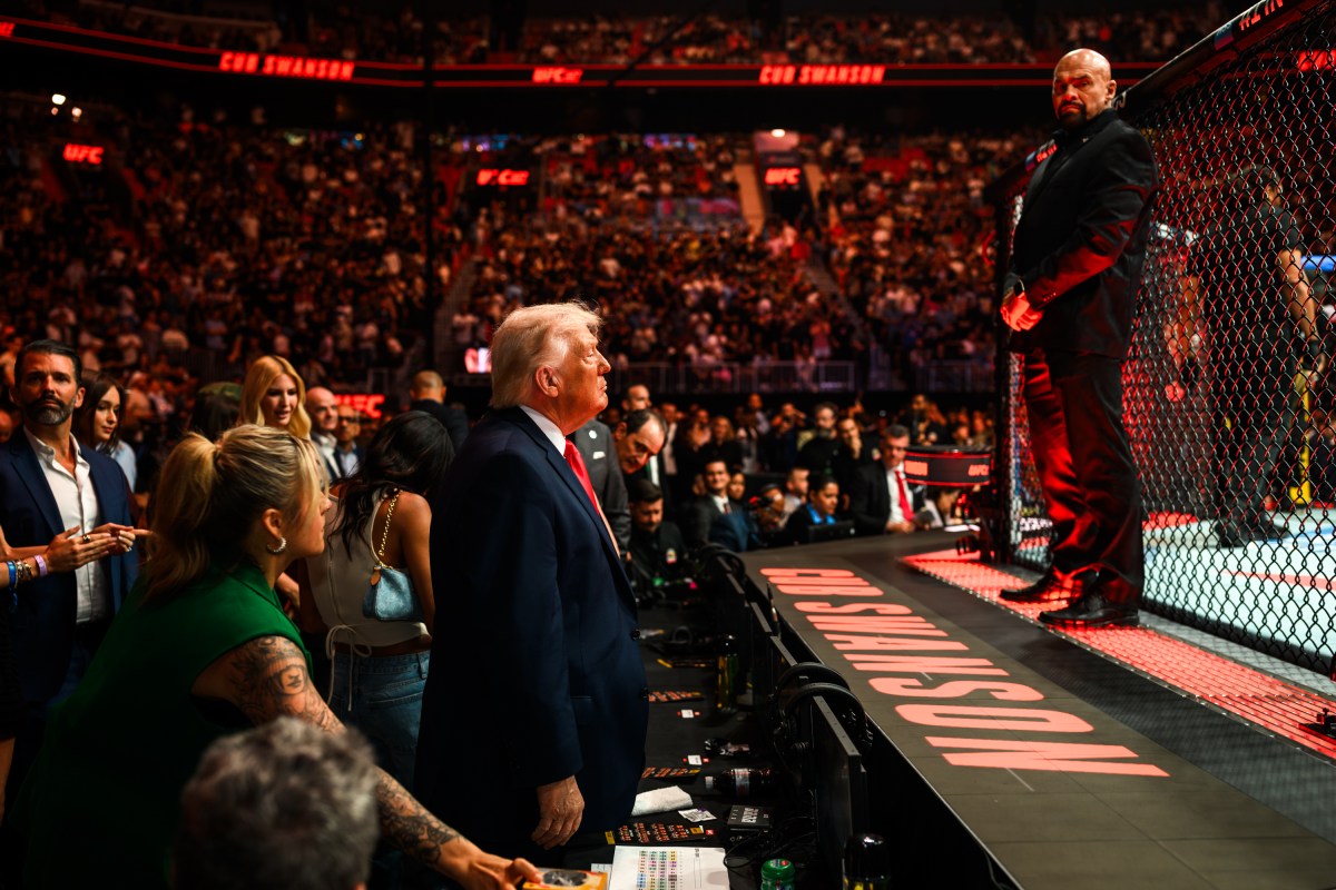 President Donald J. Trump speaks with UFC CEO Dana White backstage at the Kaseya Center in Miami, Florida, before UFC 327, Saturday, April 11, 2026. (Official White House Photo by Daniel Torok)