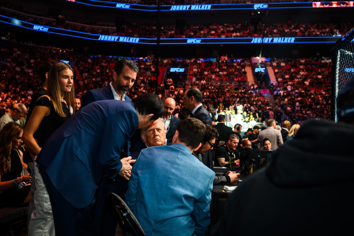 President Donald J. Trump speaks with UFC CEO Dana White backstage at the Kaseya Center in Miami, Florida, before UFC 327, Saturday, April 11, 2026. (Official White House Photo by Daniel Torok)