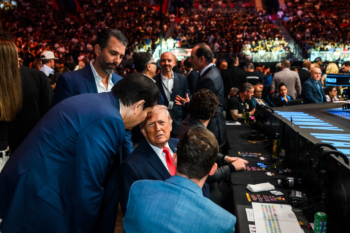 President Donald J. Trump speaks with UFC CEO Dana White backstage at the Kaseya Center in Miami, Florida, before UFC 327, Saturday, April 11, 2026. (Official White House Photo by Daniel Torok)