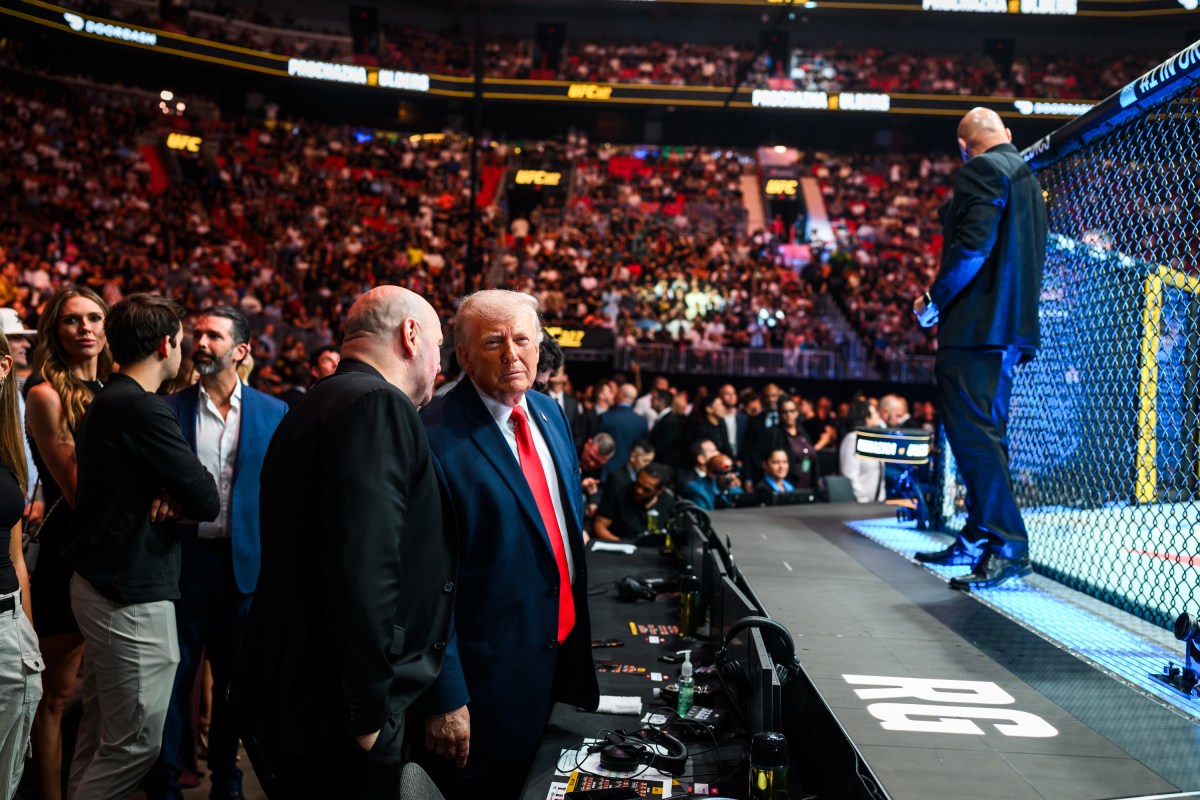 President Donald J. Trump speaks with UFC CEO Dana White backstage at the Kaseya Center in Miami, Florida, before UFC 327, Saturday, April 11, 2026. (Official White House Photo by Daniel Torok)