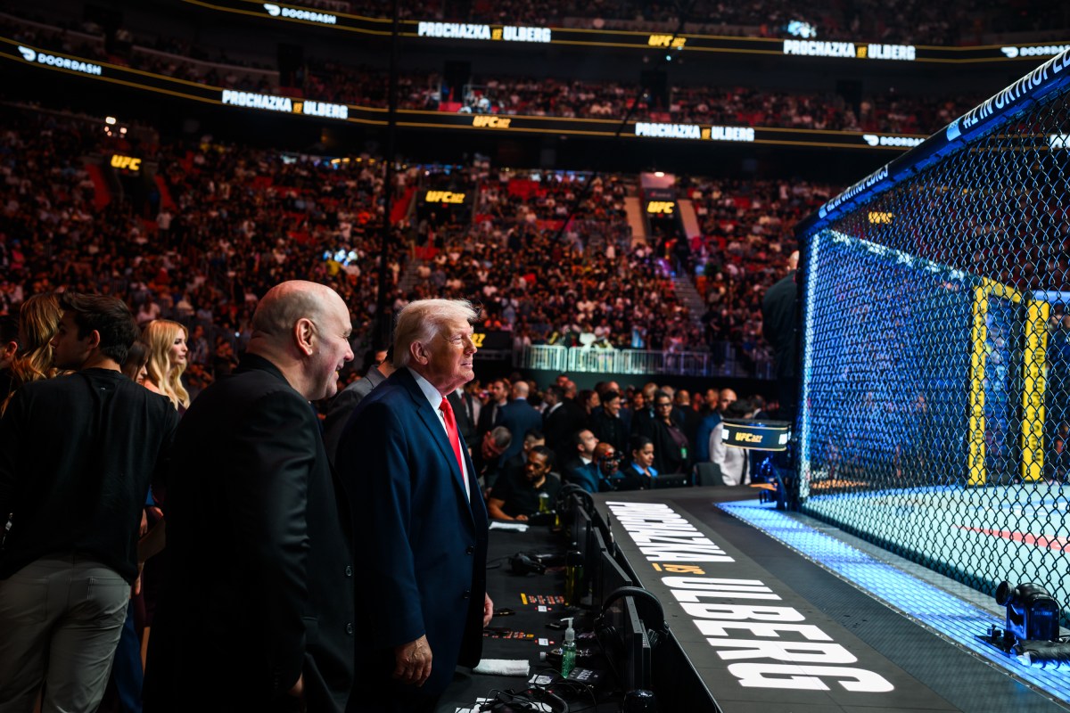 President Donald J. Trump speaks with UFC CEO Dana White backstage at the Kaseya Center in Miami, Florida, before UFC 327, Saturday, April 11, 2026. (Official White House Photo by Daniel Torok)