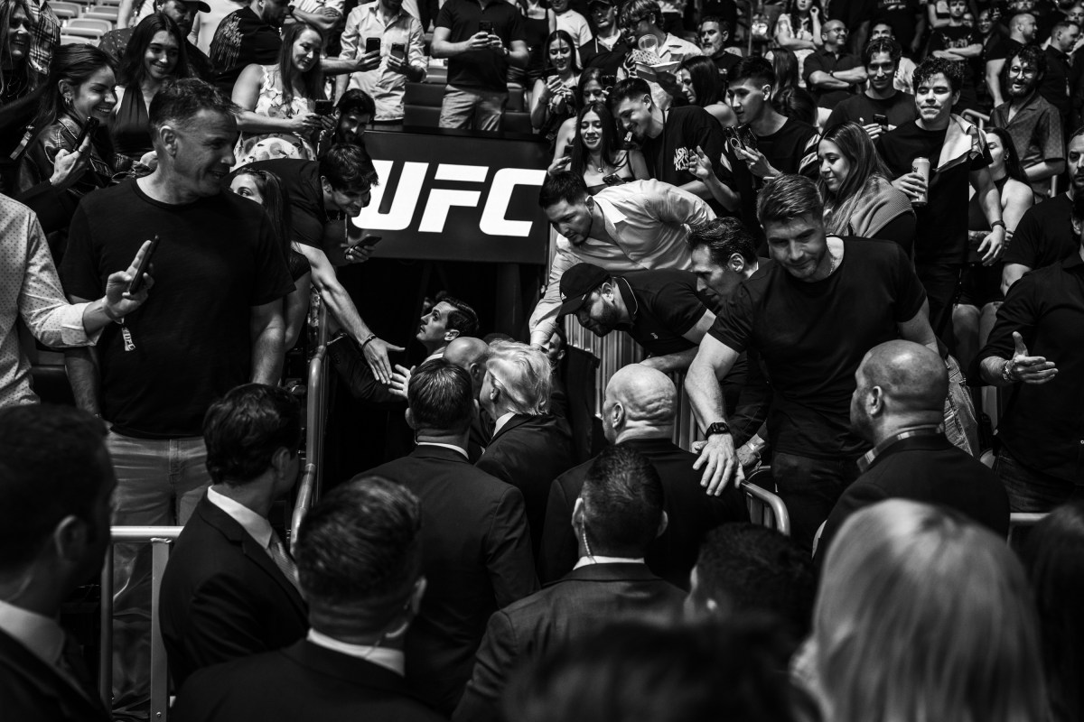 President Donald J. Trump speaks with UFC CEO Dana White backstage at the Kaseya Center in Miami, Florida, before UFC 327, Saturday, April 11, 2026. (Official White House Photo by Daniel Torok)