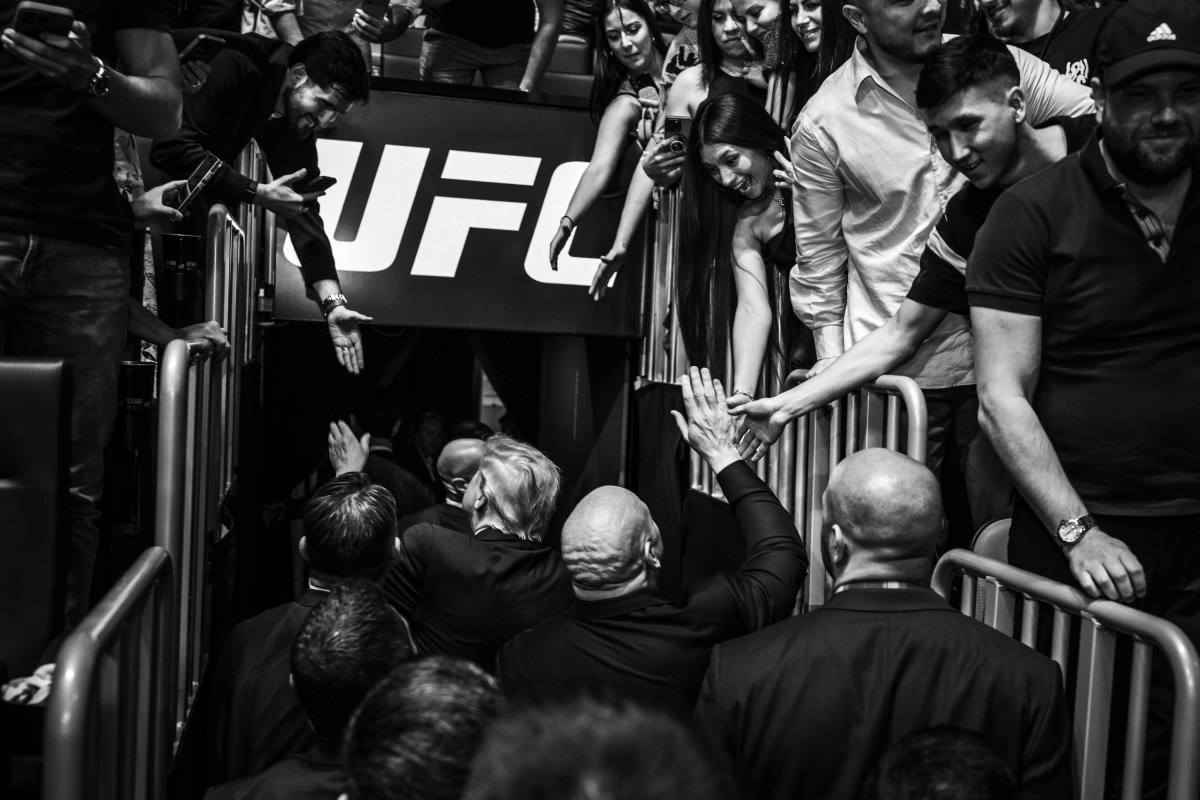 President Donald J. Trump speaks with UFC CEO Dana White backstage at the Kaseya Center in Miami, Florida, before UFC 327, Saturday, April 11, 2026. (Official White House Photo by Daniel Torok)