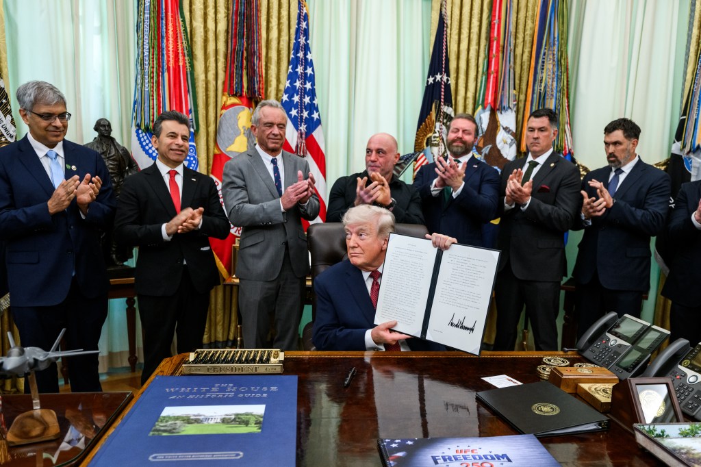 President Donald J. Trump holds a press conference after signing an Executive Order accelerating medical treatments for serious mental illness, Saturday, April 18, 2026, in the Oval Office. (Official White House Photo by Daniel Torok)