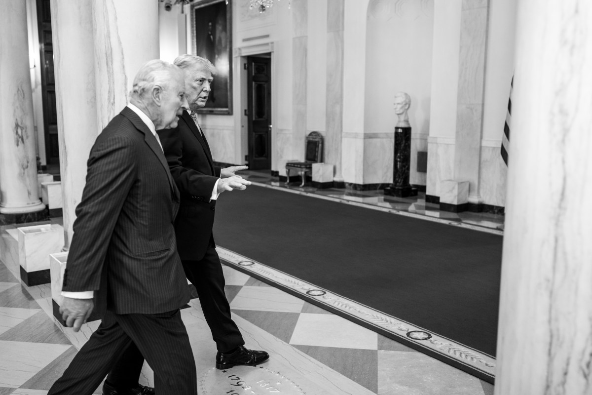 President Donald J. Trump and First Lady Melania Trump speak with King Charles III and Queen Camilla of the U.K. in the Cross Hall of the White House, Monday, April 27, 2026. (Official White House Photo by Daniel Torok)