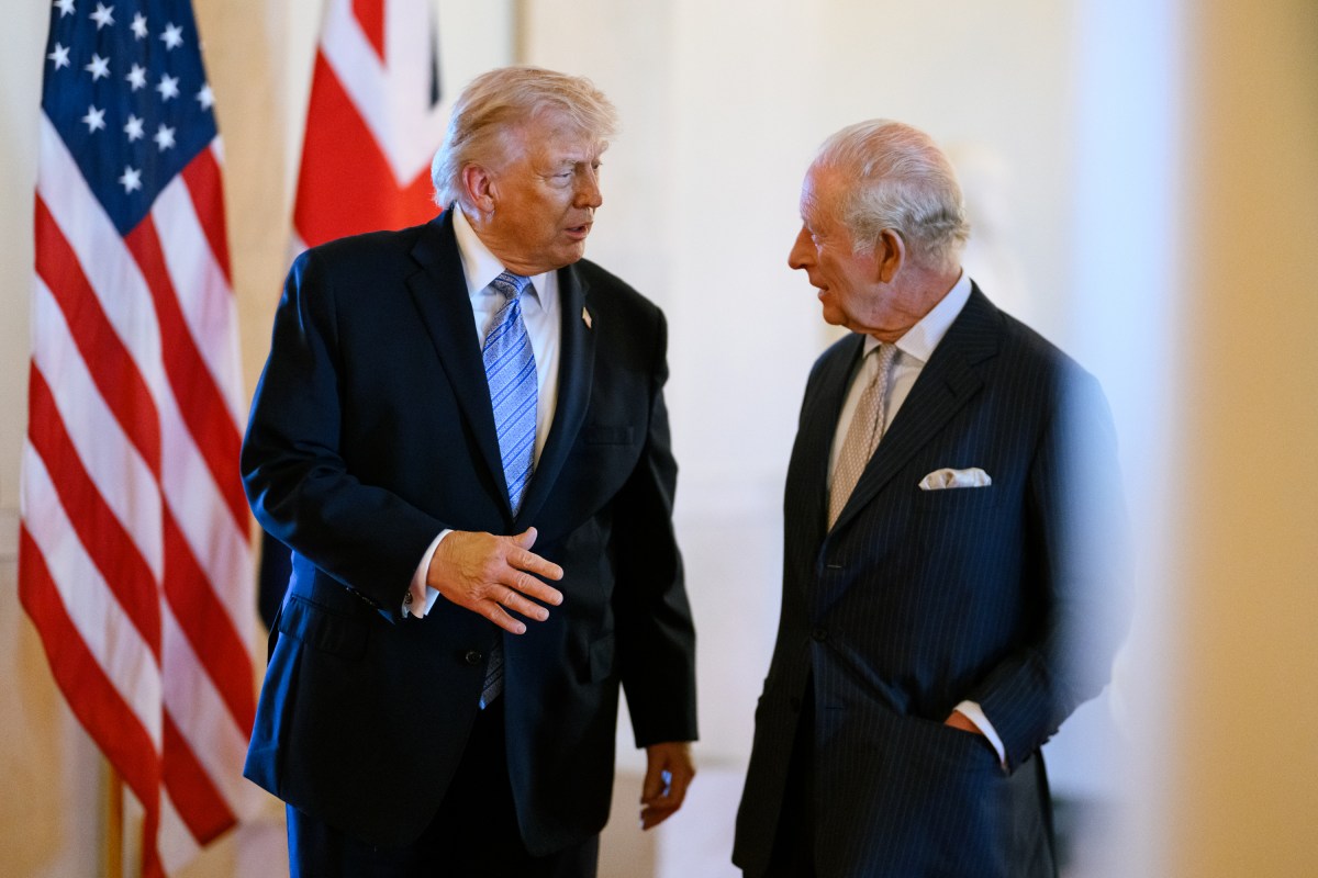 President Donald J. Trump and First Lady Melania Trump speak with King Charles III and Queen Camilla of the U.K. in the Cross Hall of the White House, Monday, April 27, 2026. (Official White House Photo by Daniel Torok)