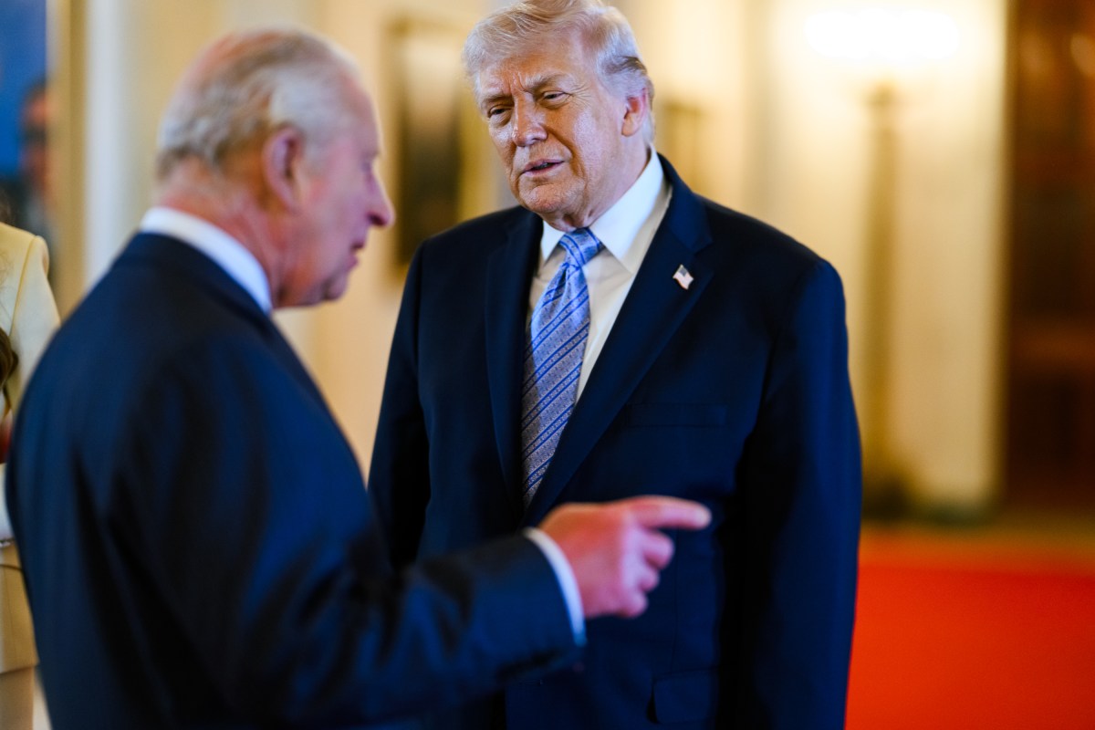 President Donald J. Trump and First Lady Melania Trump speak with King Charles III and Queen Camilla of the U.K. in the Cross Hall of the White House, Monday, April 27, 2026. (Official White House Photo by Daniel Torok)