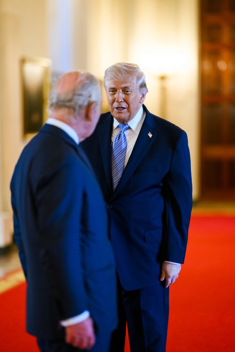 President Donald J. Trump and First Lady Melania Trump speak with King Charles III and Queen Camilla of the U.K. in the Cross Hall of the White House, Monday, April 27, 2026. (Official White House Photo by Daniel Torok)