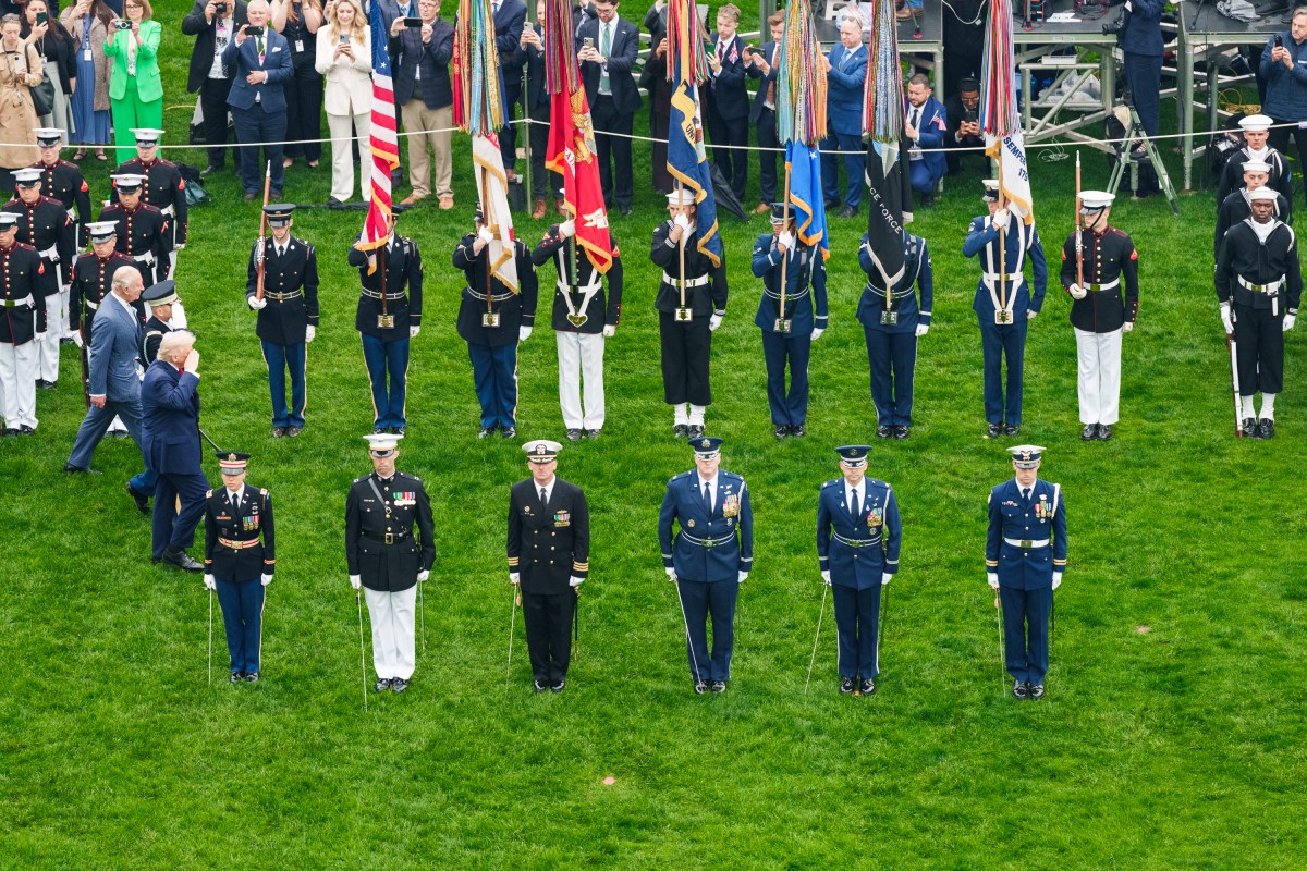 President Donald J. Trump and King Charles III review the troops during a State Arrival ceremony on the South Lawn of the White House, Tuesday, April 28, 2026. (Official White House Photo by Abe McNatt)
