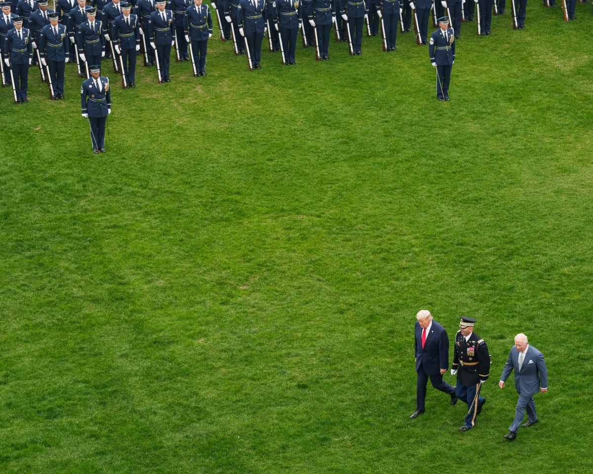 President Donald J. Trump and King Charles III review the troops during a State Arrival ceremony on the South Lawn of the White House, Tuesday, April 28, 2026. (Official White House Photo by Abe McNatt)