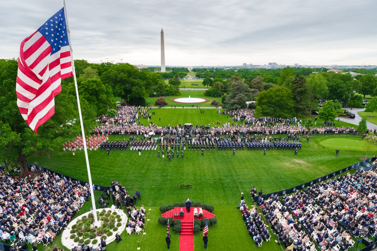 President Donald J. Trump delivers remarks during a State Arrival ceremony for King Charles III and Queen Camilla of the U.K., Tuesday, April 28, 2026, on the South Lawn of the White House. (Official White House Photo by Abe McNatt)