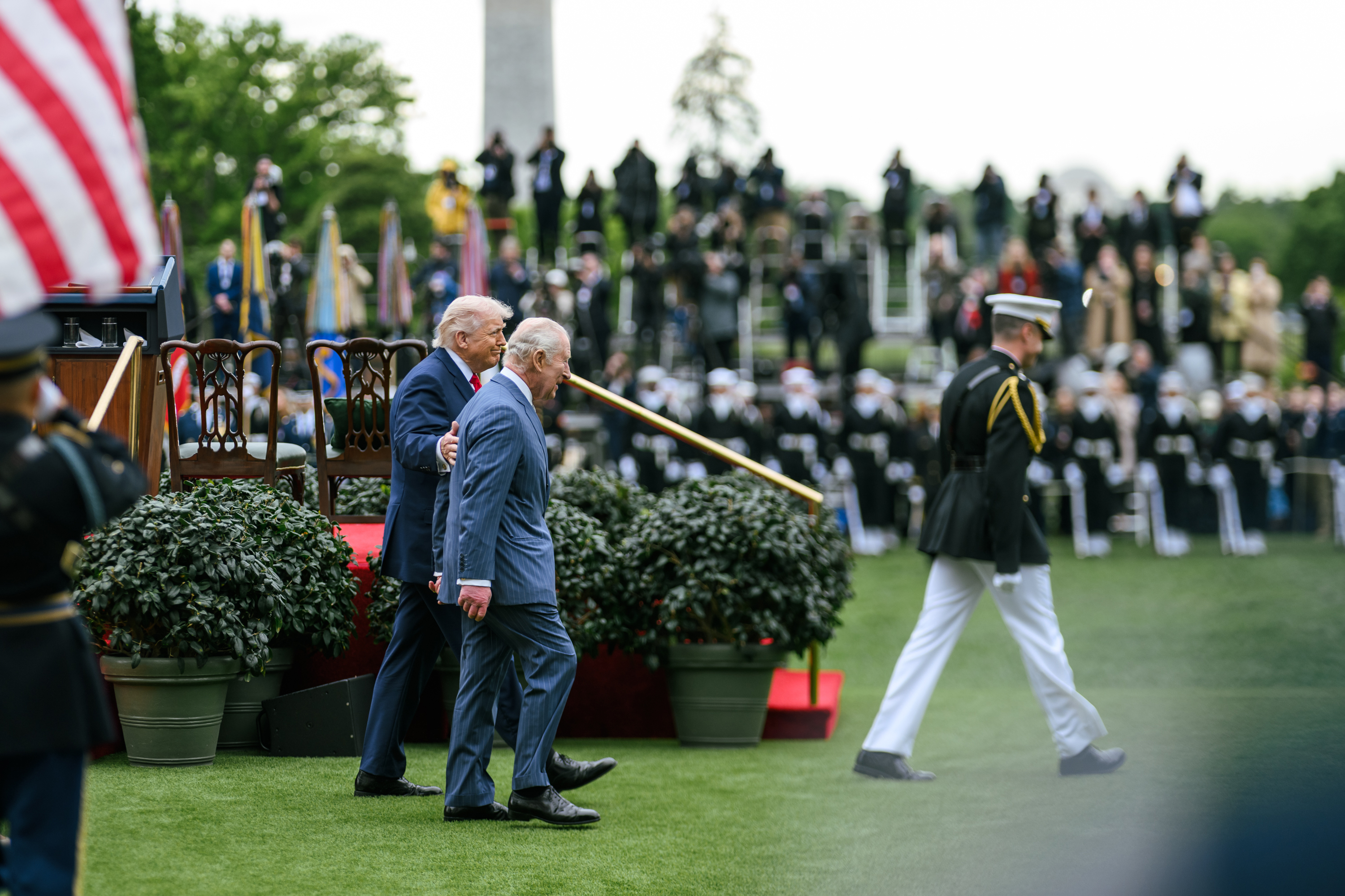 President Donald J. Trump and First Lady Melania Trump greet King Charles III and Queen Camilla of the United Kingdom at the South Portico during a State Arrival ceremony, Tuesday, April 28, 2026. (Official White House Photo by Daniel Torok)