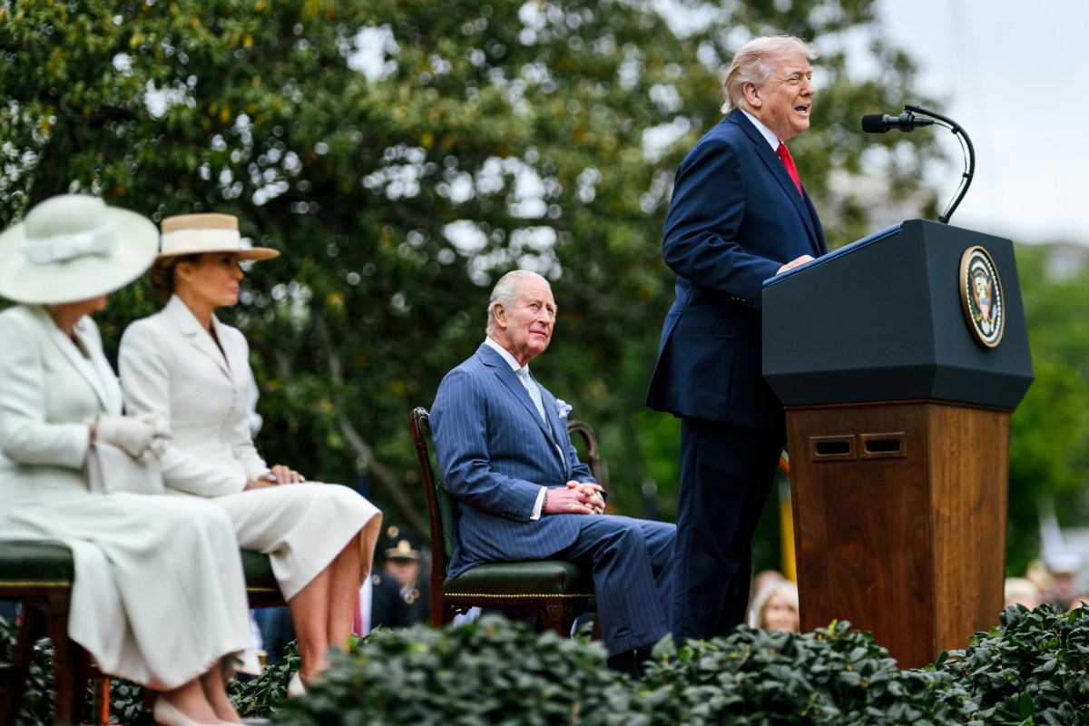 President Donald J. Trump delivers remarks during a State Arrival ceremony for King Charles III and Queen Camilla of the U.K., Tuesday, April 28, 2026, on the South Lawn of the White House. (Official White House Photo by Daniel Torok)