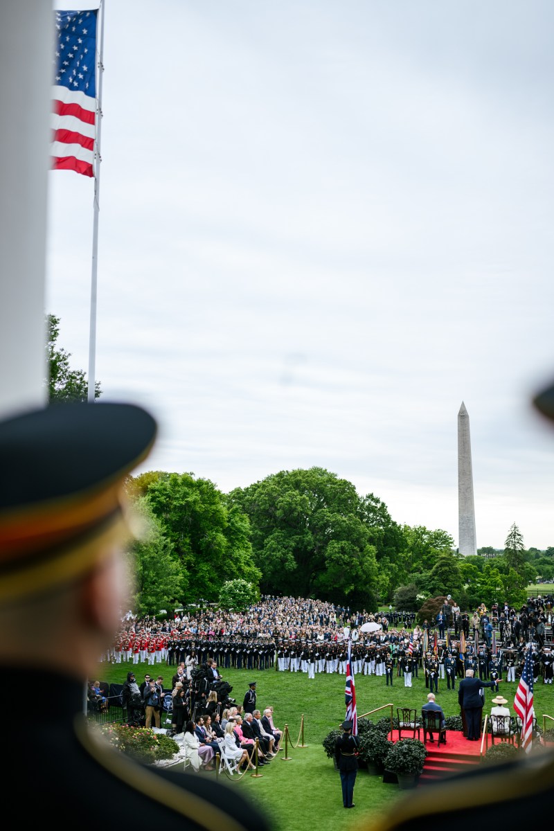 President Donald J. Trump delivers remarks during a State Arrival ceremony for King Charles III and Queen Camilla of the U.K., Tuesday, April 28, 2026, on the South Lawn of the White House. (Official White House Photo by Daniel Torok)