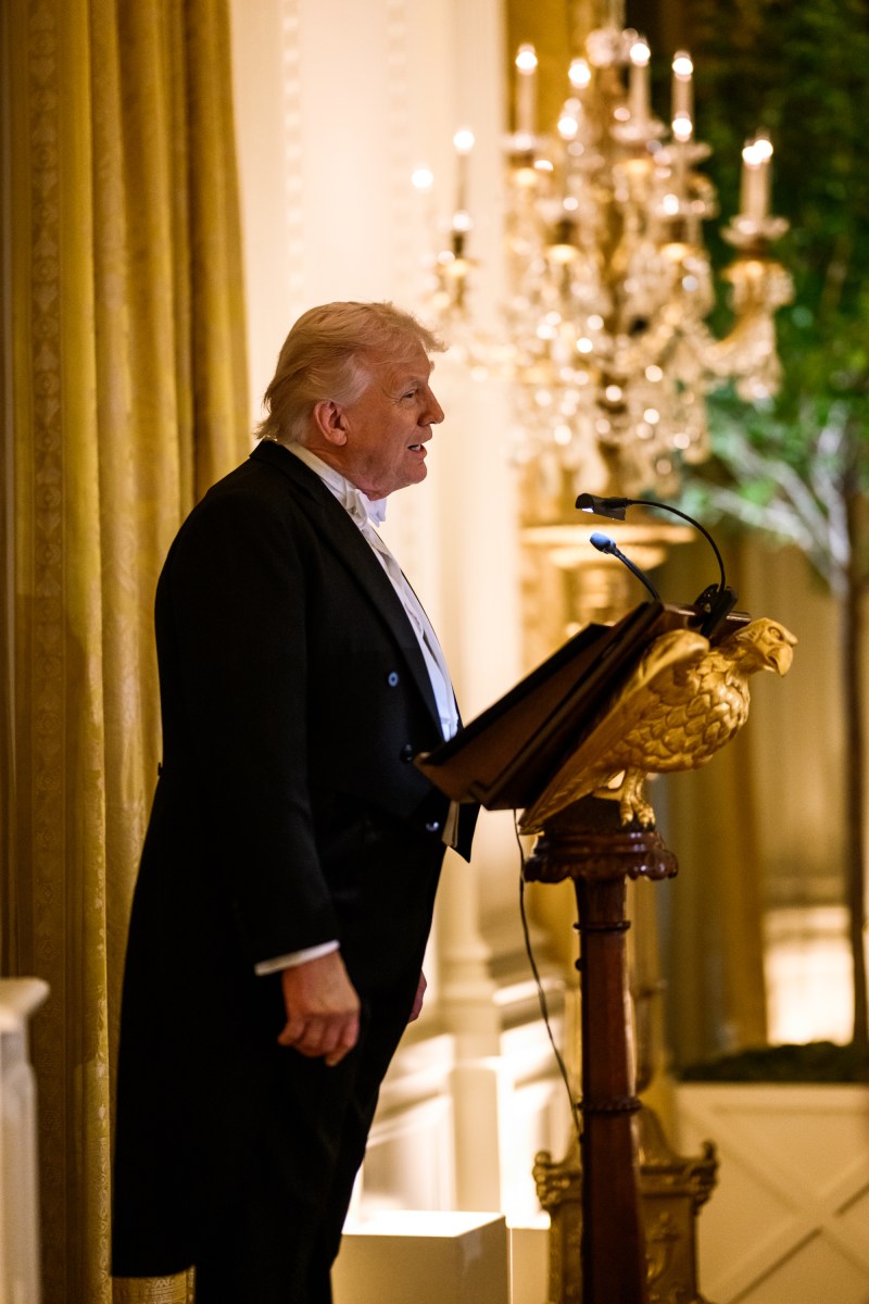 President Donald J. Trump delivers remarks during a State Dinner for King Charles III and Queen Camilla of the United Kingdom, Tuesday, April 28, 2026, in the East Room of the White House. (Official White House Photo by Daniel Torok)