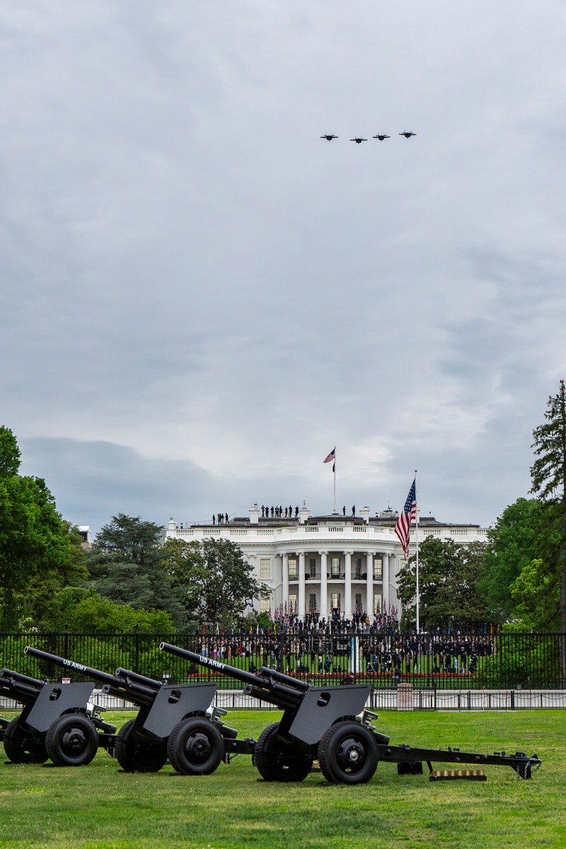 A military flyover takes place during the State Arrival ceremony for King Charles III and Queen Camilla of the United Kingdom, Tuesday, April 28, 2026, at the White House.(Official White House Photo Juliana Luz)