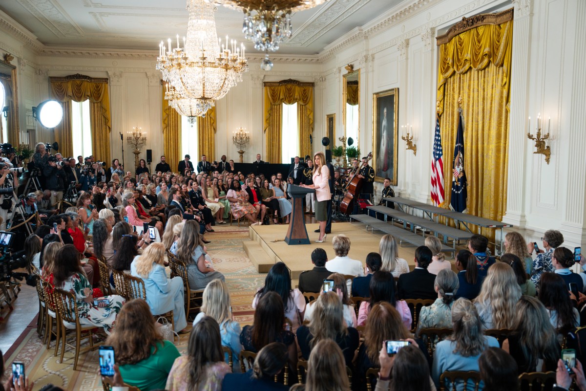 First Lady Melania Trump delivers remarks at a Military Mothers’ Day event, Wednesday, May 6, 2026, in the East Room of the White House. (Official White House Photo by Cody Hendrix)